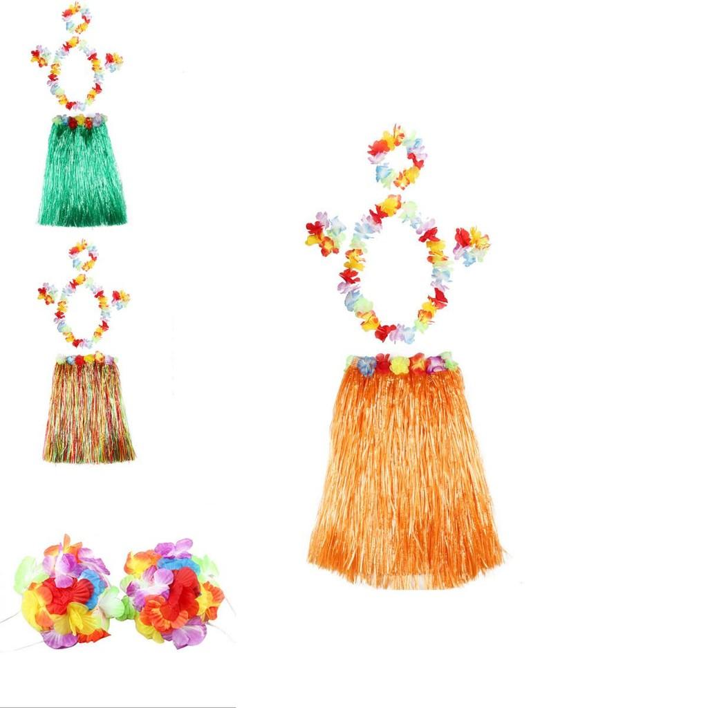 Cute Kids Hawaiian Grass Hula Lei Skirt With Bright Color Flower Wristband Garland Fancy Costume For Festivals And Parties