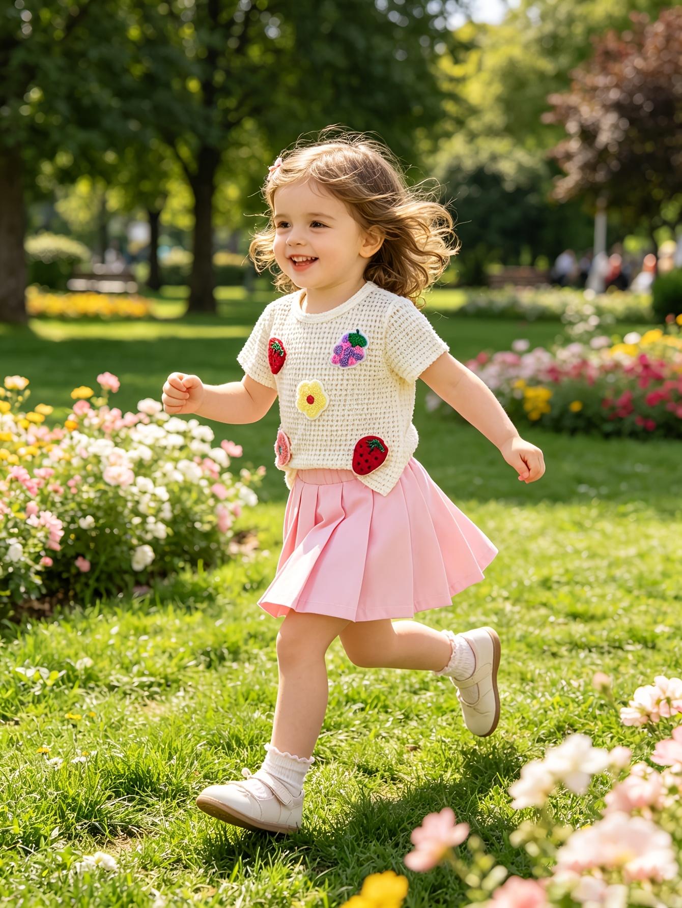 Girls Strawberry Embroidery Knit Top&Pleated Skirt 2Pcs Set,Cute Daily Casual Outfit For Toddler 80 розовый