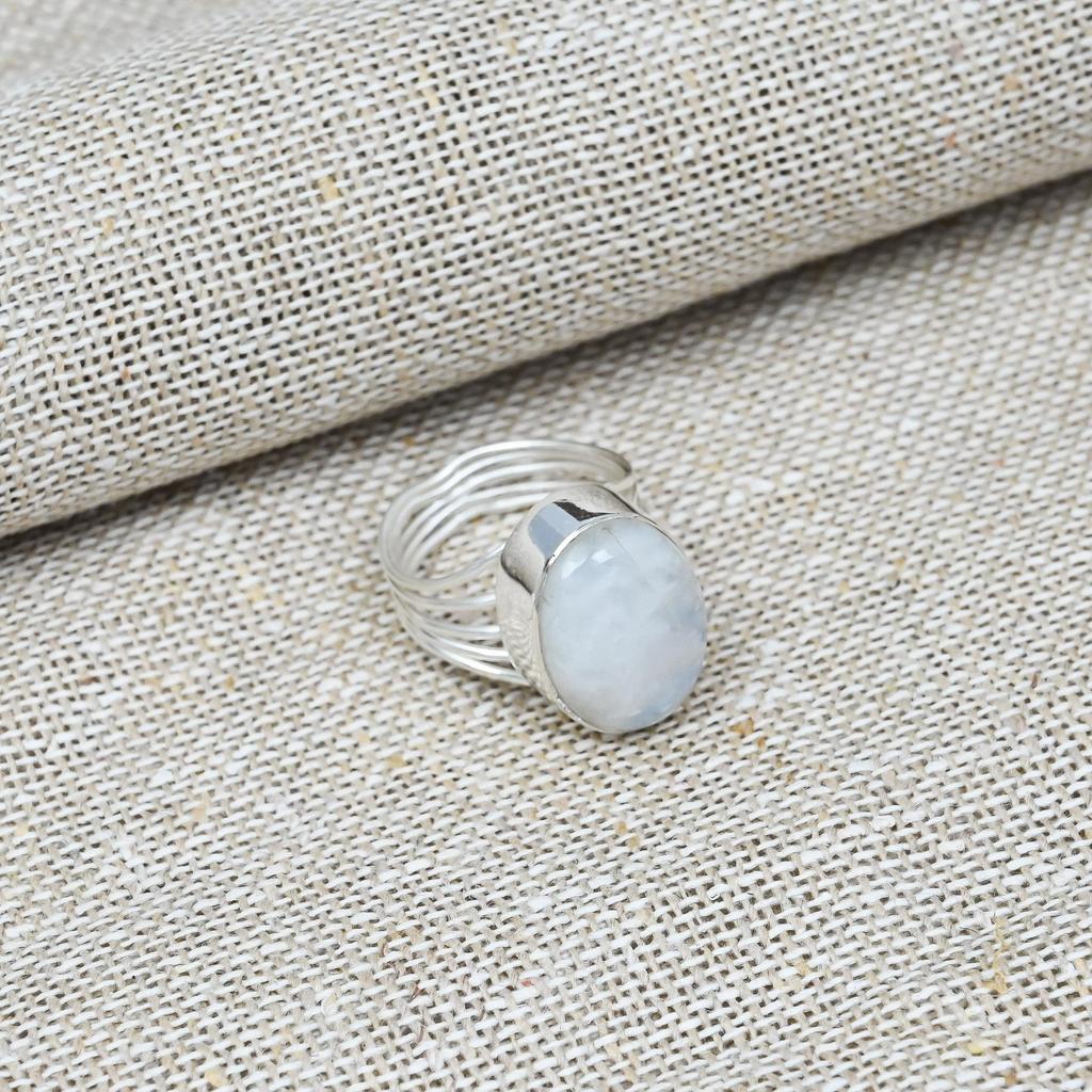 Rainbow Moonstone Handmade Solid 925 Sterling Silver Jewelry Anniversary Ring For Her
