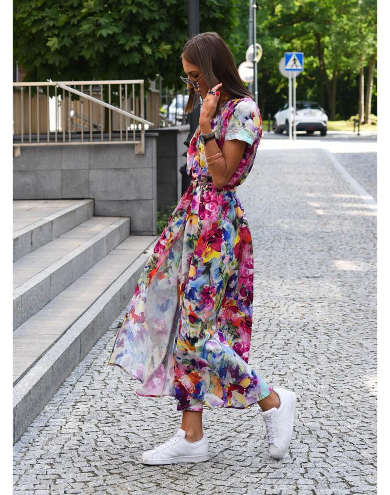 2024 European & American Women's Summer V-Neck Print Tie-Up Dress