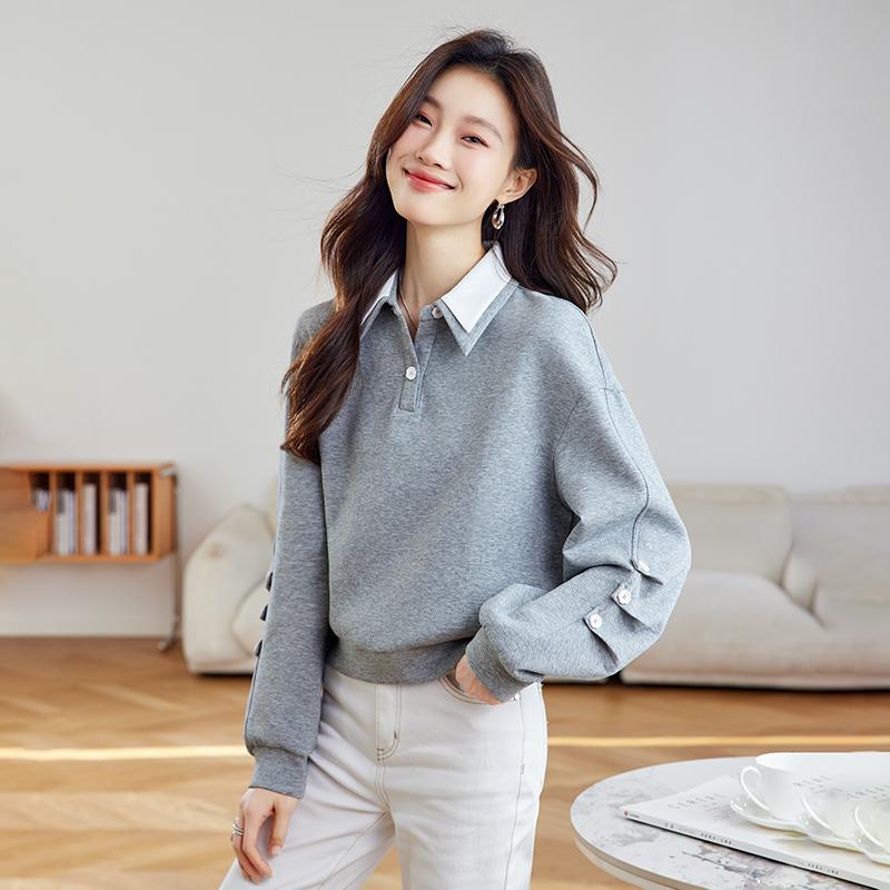 Autumn Women Grey  Loose Fit Long Sleeve Tops with Contrast Collar College Fashion
