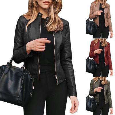 Leather Coat Women PU Leather Biker Jacket Autumn Winter Casual Coat Stand Collar Outwear