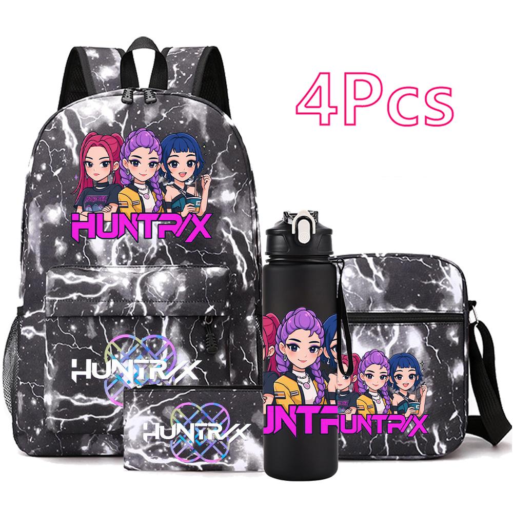 4-teiliges/Set Anime Niedlich K-Pop Bedruckter Rucksack mit 750 ml Wasserflasche für Teenager Schüler Mädchen Junge Schultasche Kindergeschenk Große Kapazität Reisetasche Mochila