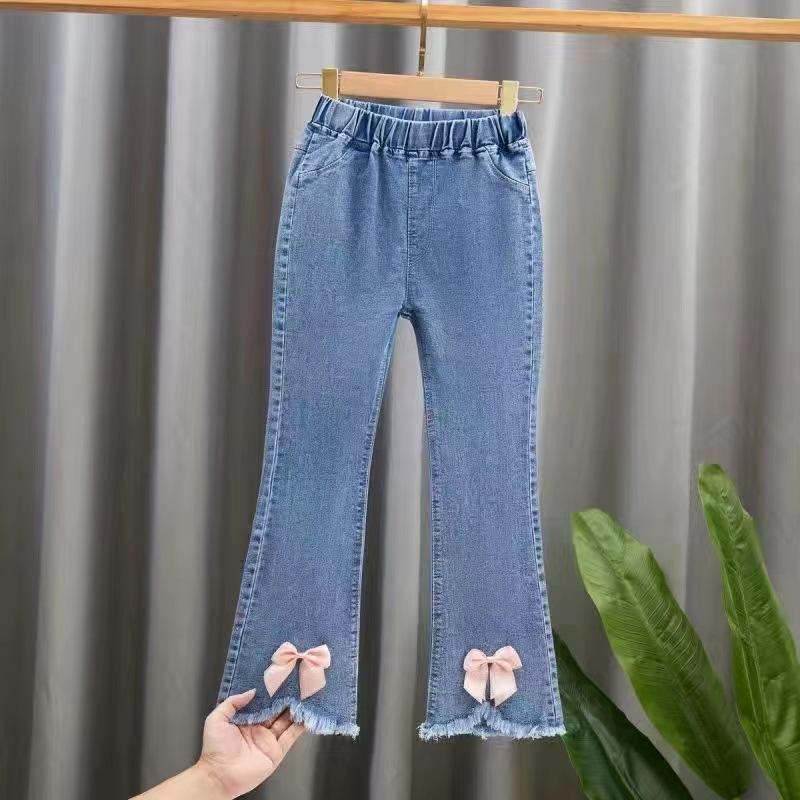 Autumn Elastic Kids Jeans Girls Cute Leisure Bow Denim Blue Children Flared Pants Teenage Girl Clothes Trousers 3-12Y