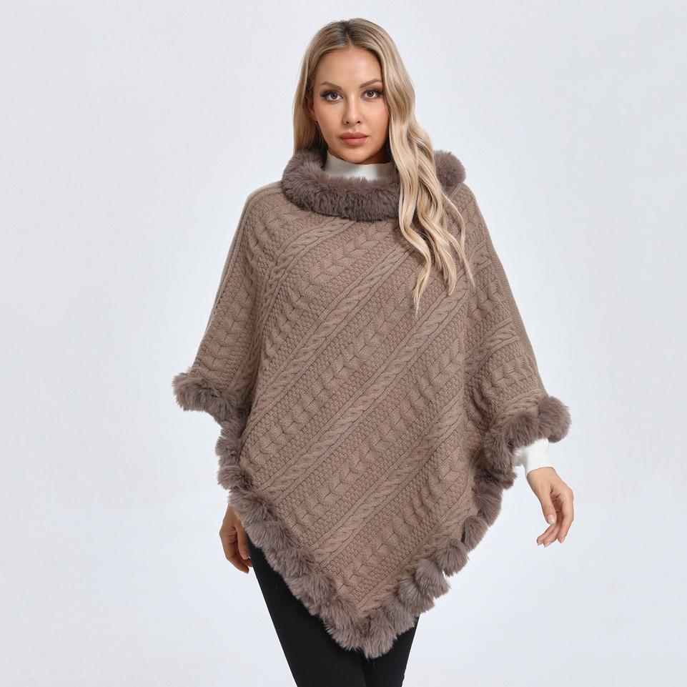 Plus Size Women's Knitted Pullover Shawl with Faux Rabbit Fur Collar - European & American Autumn/Winter Collection