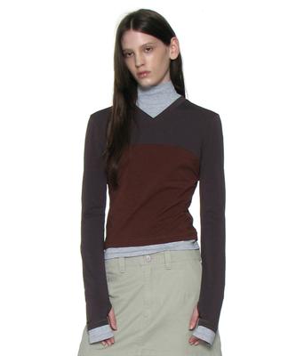 PARTIMENTO WOMEN Colorblock V-Neck Layered High-Neck Tee_Melange