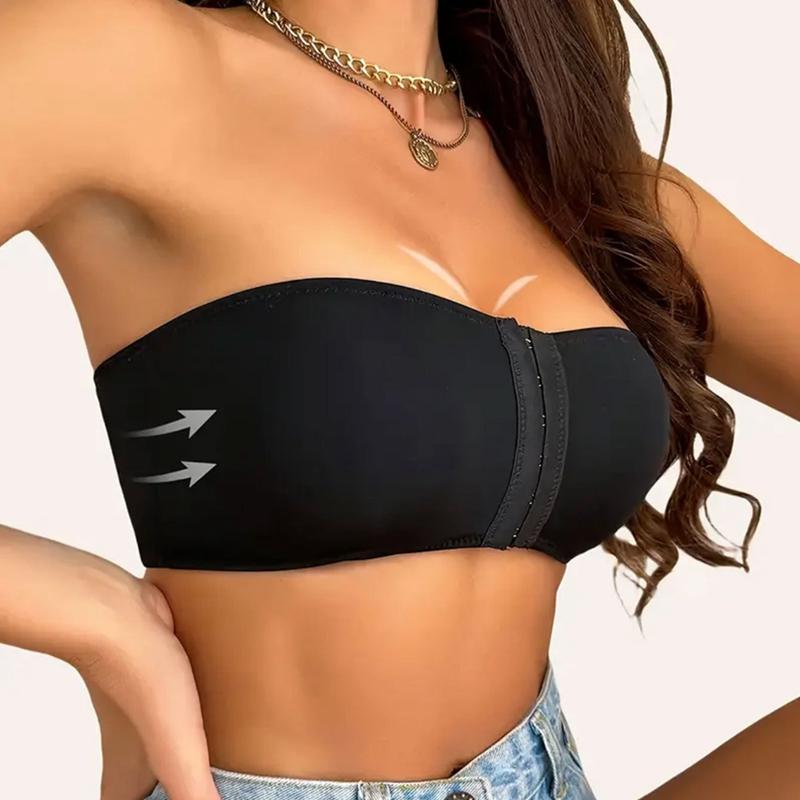 Women Solid Color Front Buckle Strapless Bandeau Bra