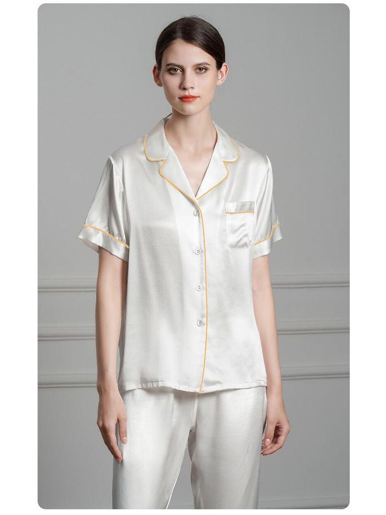 Girls' Imitation Silk Pajama Set - Short Sleeve Top & Long Pants, Lapel Design, Spring/Summer Homewear