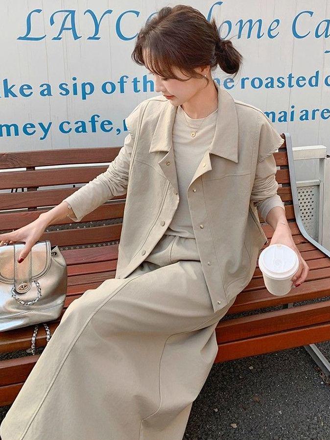 Korean Casual Workwear Vest & Skirt Set - Women's Spring/Autumn 2025 Three-Piece Outfit with Round Neck Long Sleeve Top.