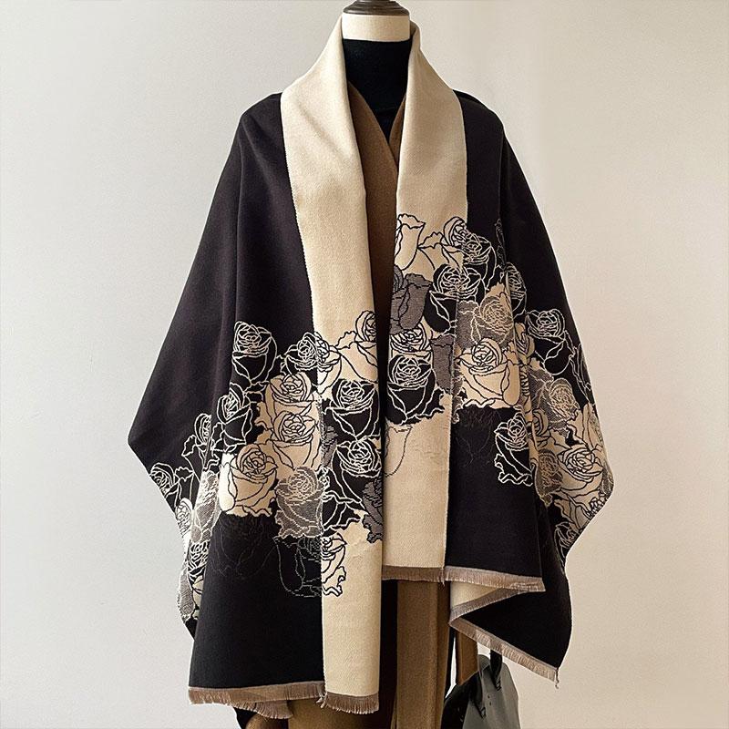 Warm Faux Cashmere Shawl For Ladies Rose Cluster Elegant Scarf Color-Blocking Style Autumn And Winter New
