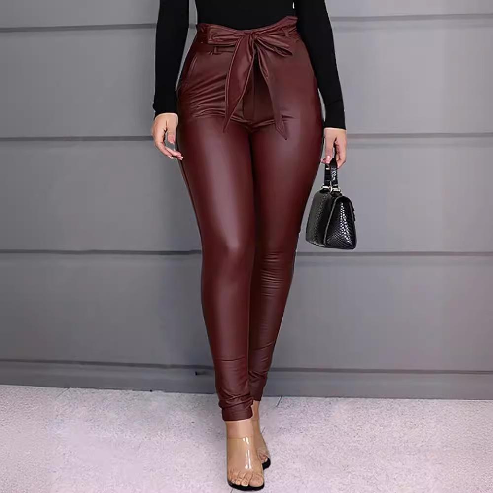 Solid Color PU Leather Pants Casual Sexy Skinny Pants Trousers with Belt