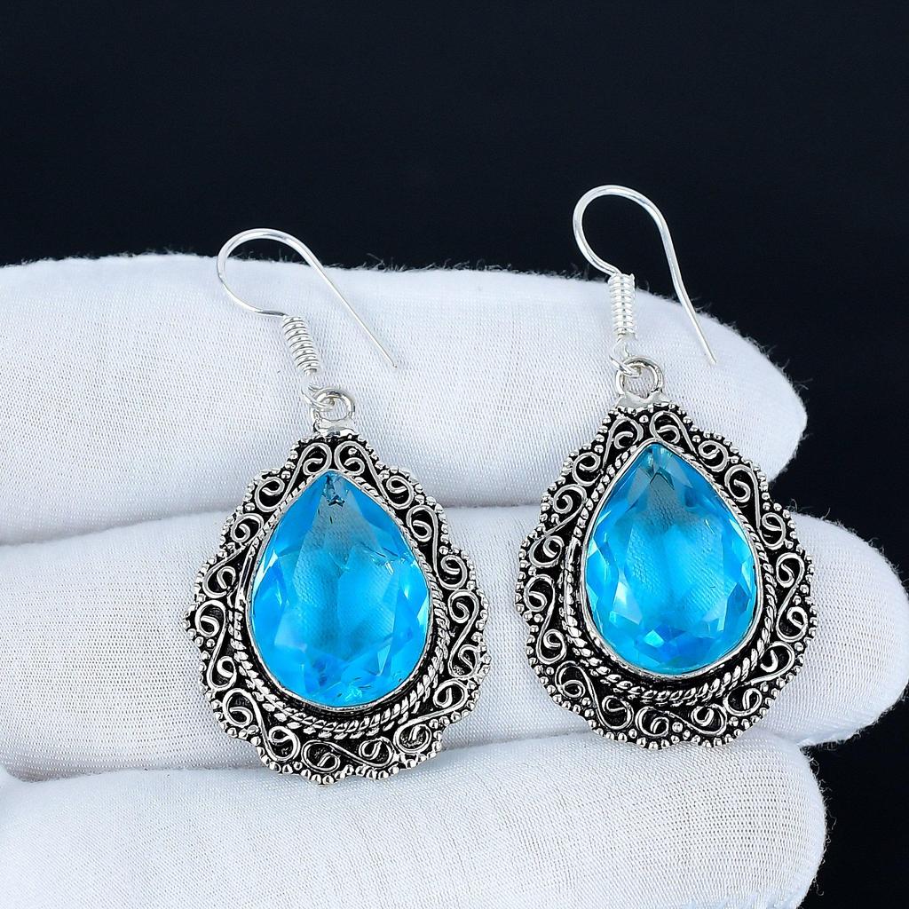 Blue Topaz Gemstone Earrings, 925 Sterling Silver Earrings, Silver Earrings For Gift, Blue Topaz Dangle Drop Earrings For Anniversary Gifts