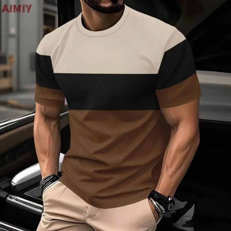 T Shirt Man Classic Men's Clothing Outdoor Round Neck Short Sleeve Top Stripe Print Street Loose T-Shirt