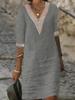 New Solid Color V-Neck Mid-Sleeve Cotton Elegant Dress