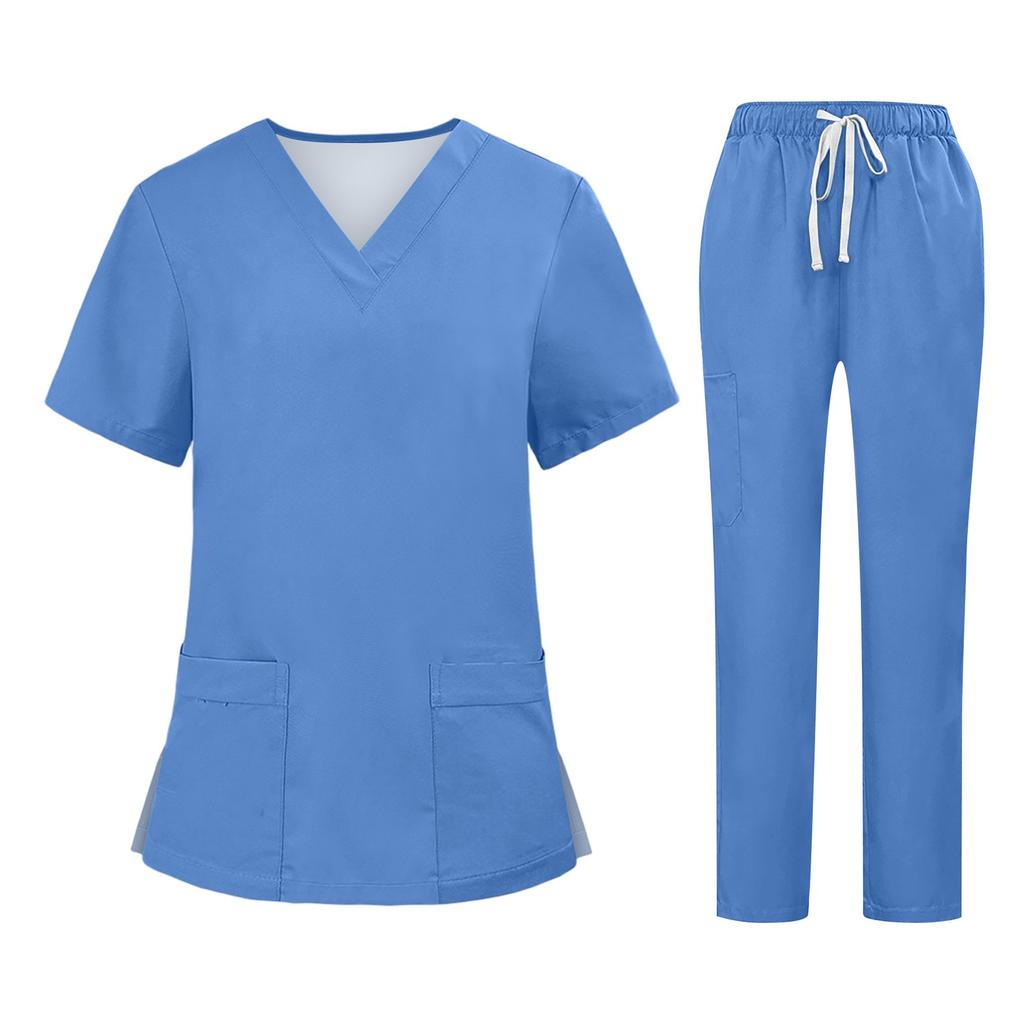 Soild Scrub Arbeitsuniform Anzug für Damen Kreuz V-Ausschnitt Kurzarm Fun T-Shirts Arbeitskleidung T-Shirt mit Taschen