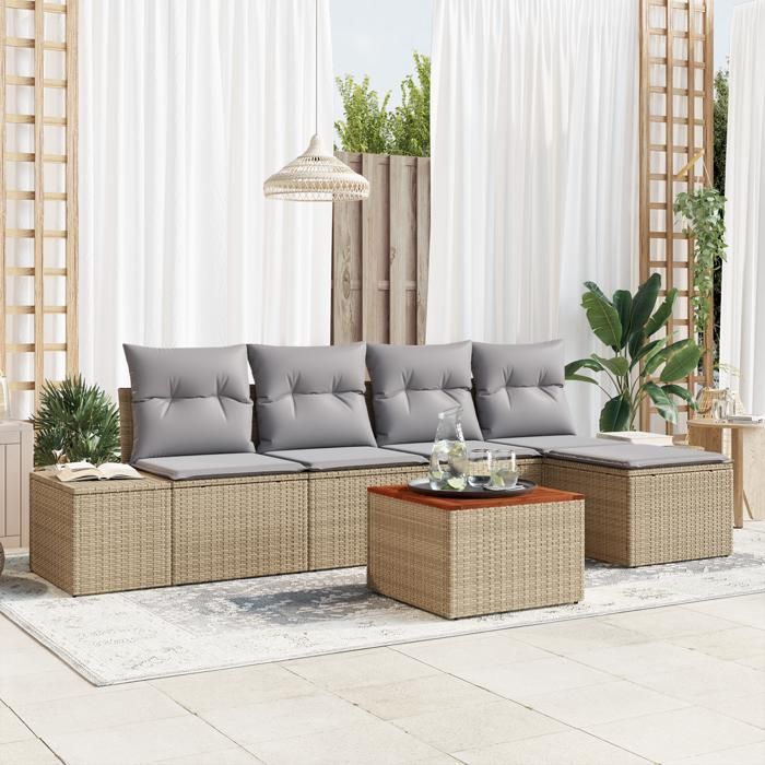 VidaXL Canapé de jardin 6 pièces avec coussins Beige Poly Rattan Acacia 3347945