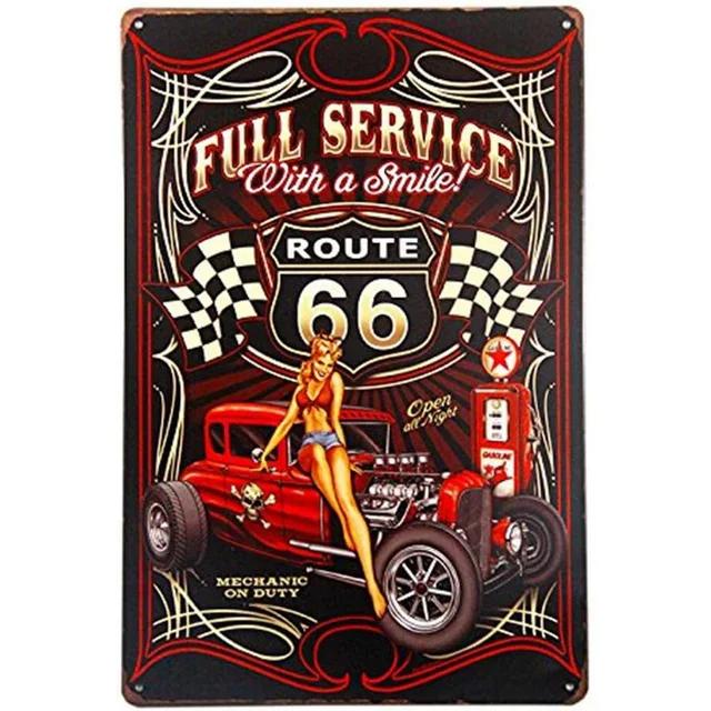 Vintage Pinup Girl Hot Street Rods Garage Full Service Route Auto Mechanics Metal Tin Sign for Rural Wall Decor Retro Poste