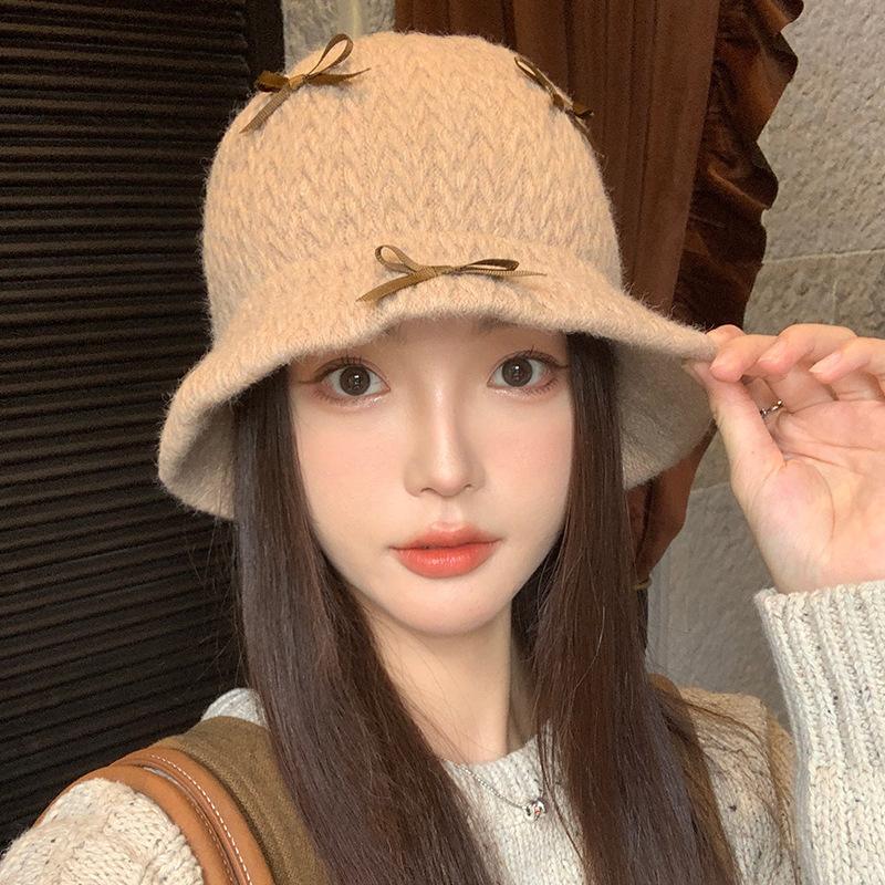Sweet Bow Knitted Fisherman Hat Autumn and Winter Casual Versatile Woolen Hat Warm Hat Windproof Small Basin Hat Showing Face