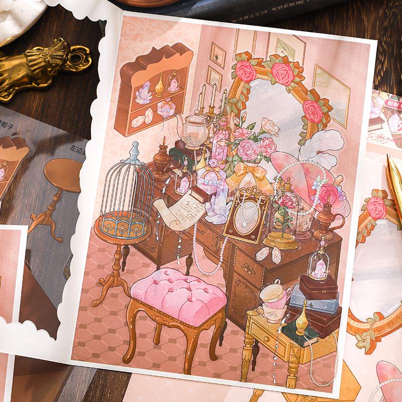Retro Scenery Sticker Set: Old Times Desk Series - 4 Sheets of Micro-Shrink PET Paper-like DIY Illustrations