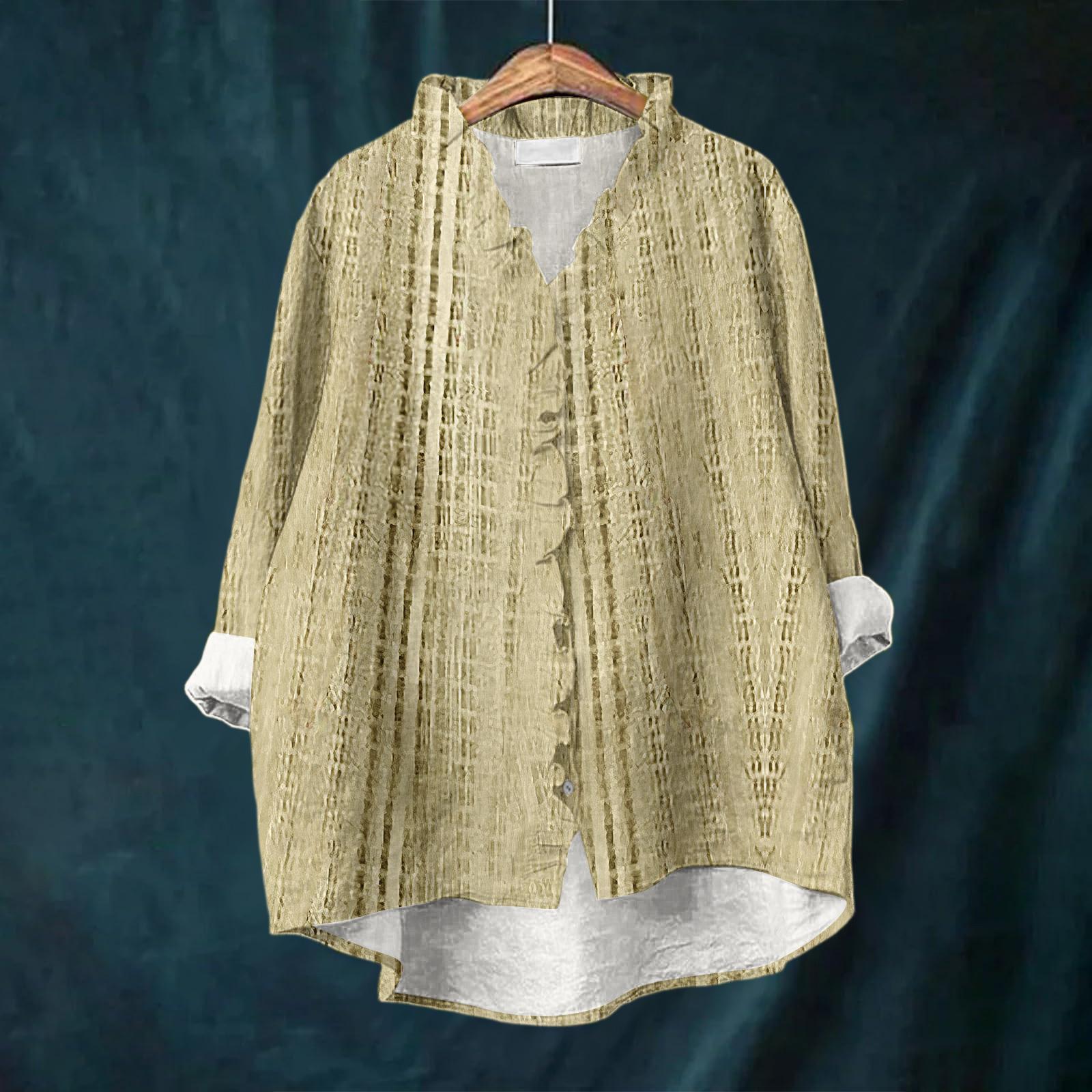 

Женский свободный топ с оборками, цветочным принтом, воротником-стойкой и длинными рукавами из хлопка и льна XL жёлтый