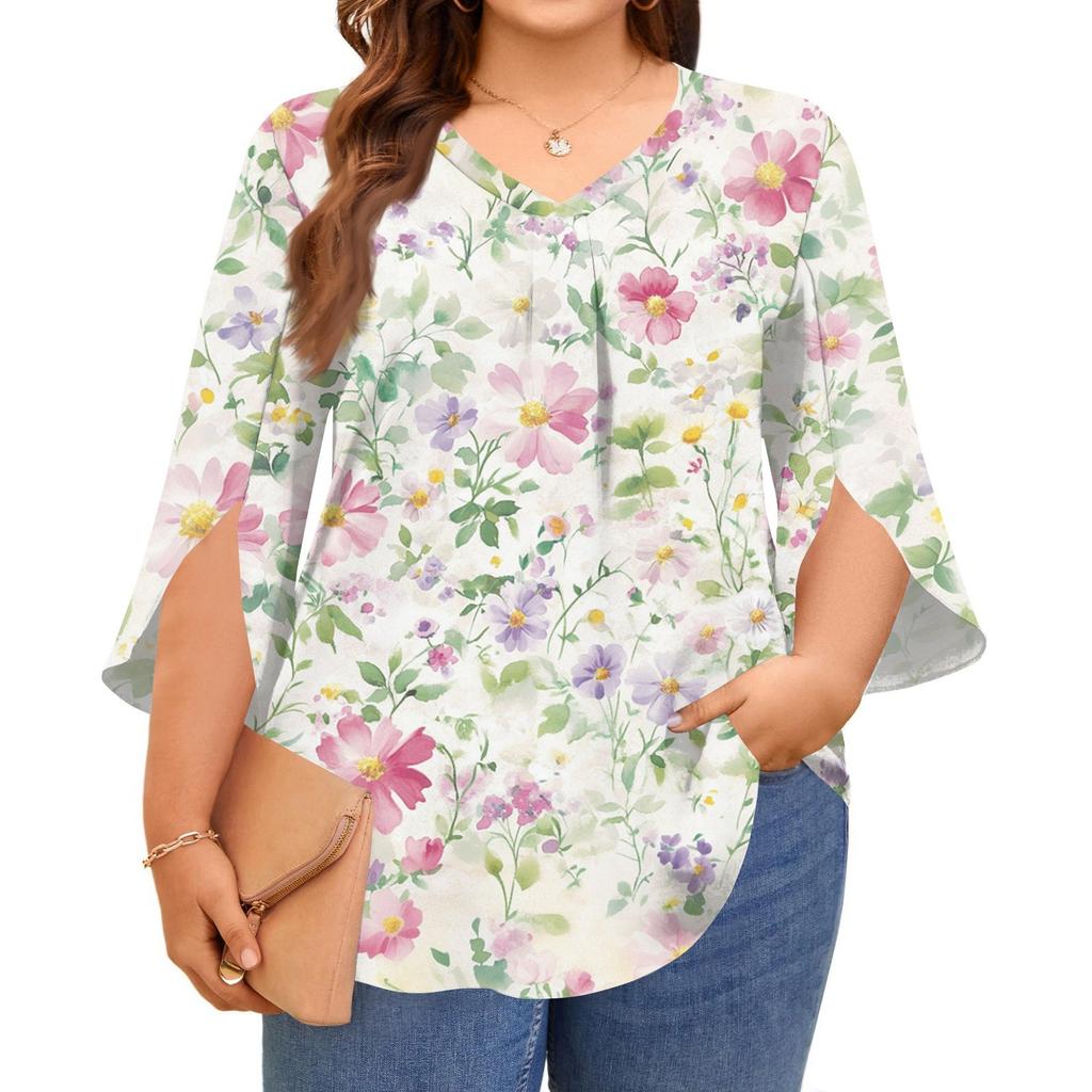 Women's Prined V-neck Plus Size Tops 3/4 Sleeves Elegant Shirt Tops
