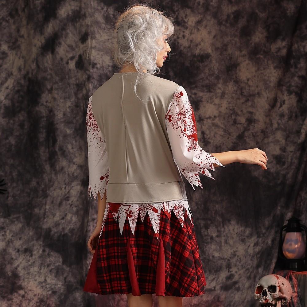Red Plaid Halloween Zombie Costume Creepy Scary Zombie Cosplay Costume Decorative Blood-Stained Bloody Dress Themed Party