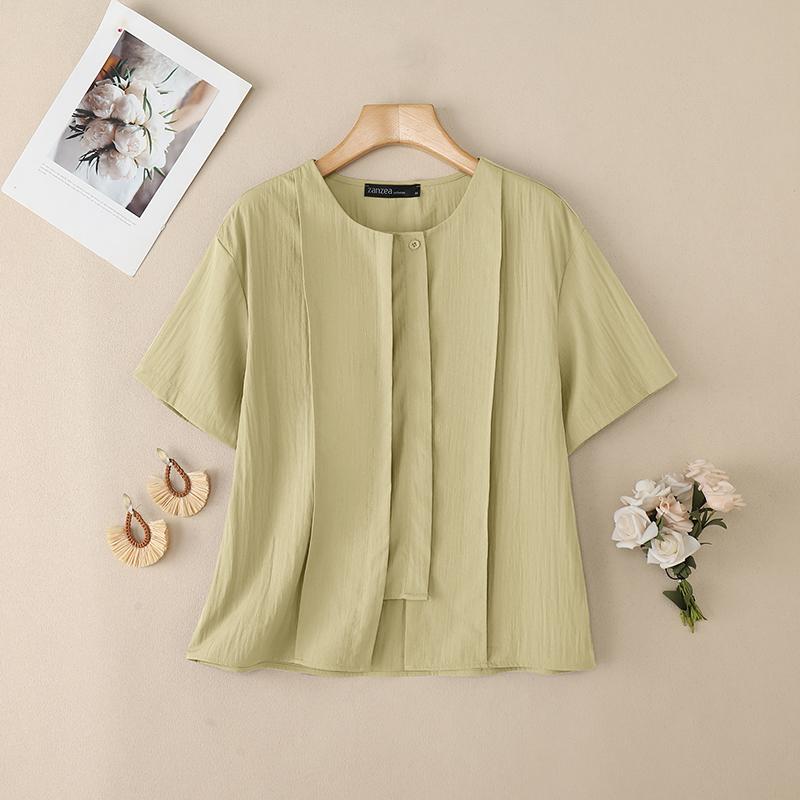 

ZANZEA Женская повседневная блузка с круглым вырезом, однотонная, с коротким рукавом S абрикосовый