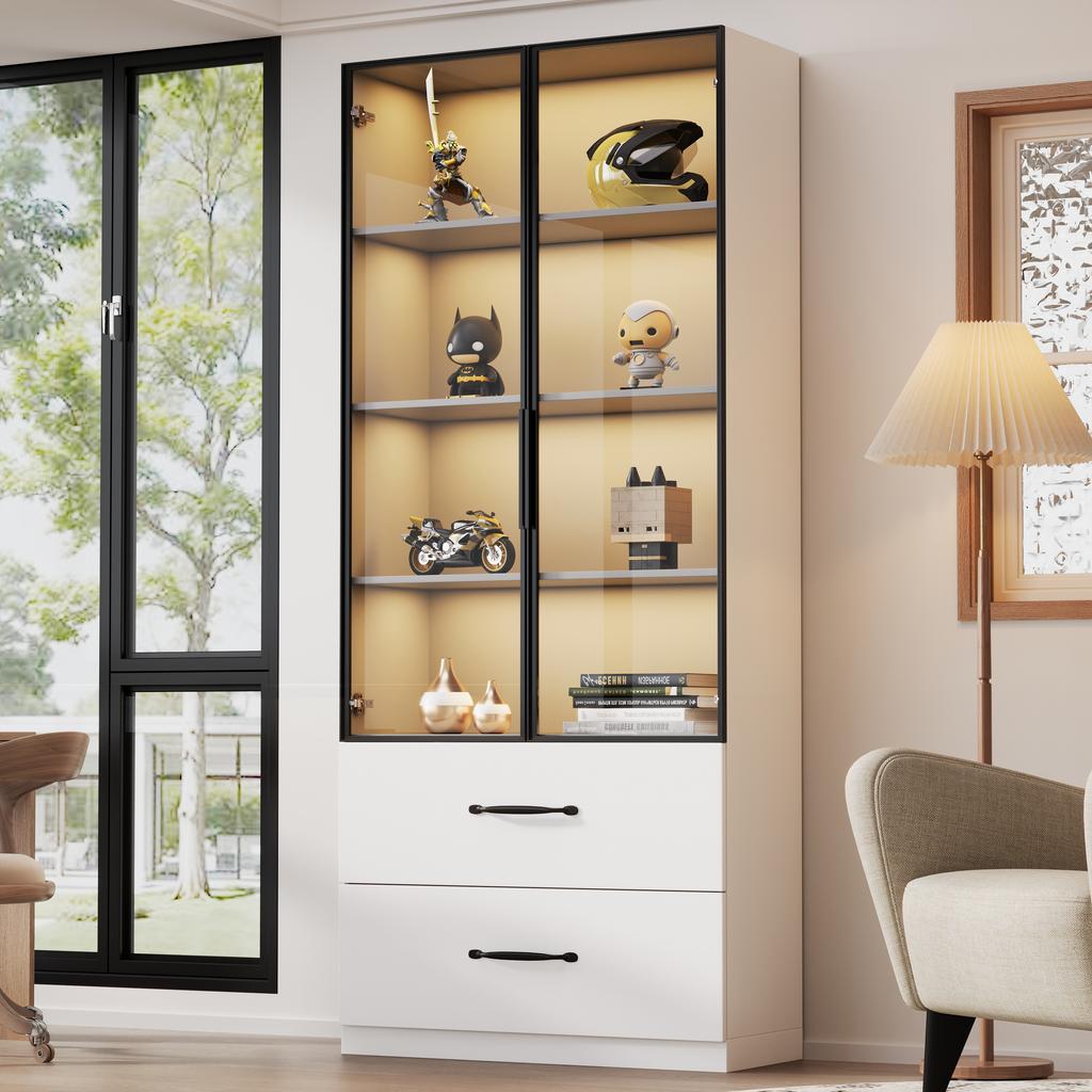 LED Display Cabinet 60×40×160 cm with Drawers, Aluminum Frame, Tempered Glass Doors and Soft-Closing Hinges, Multicolor LED
