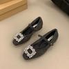 Gray Fuzzy Mary Jane Shoes Square Toe Rhinestone Mid Heel Pumps Plush Warm Chunky Heeled Shoes Elegant Zapatos De Mujer