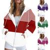 Women Fall Winter Hoodie Jacket Zipper Closure Loose Casual Striped Coat with Pockets Drawstring Hooded Long Sleeves Top