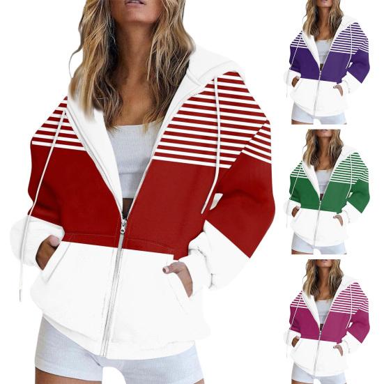 Women Fall Winter Hoodie Jacket Zipper Closure Loose Casual Striped Coat with Pockets Drawstring Hooded Long Sleeves Top