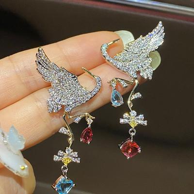 2022 Creative Jewelry Color Zircon Crystal Crane Bird Drop Earrings Ladies Exaggerated Dangler Vintage Banquet Trendy Jewelry
