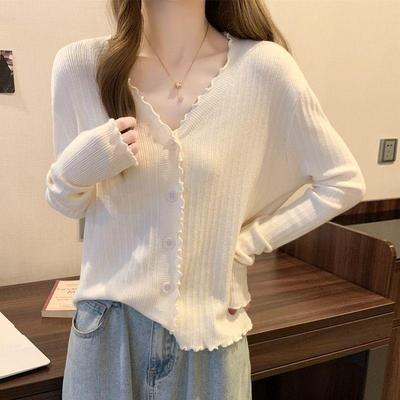 Women's White Ruffled V-Neck Long Sleeve Knitted Cardigan Sweater - Autumn High-Grade Base Layer Top