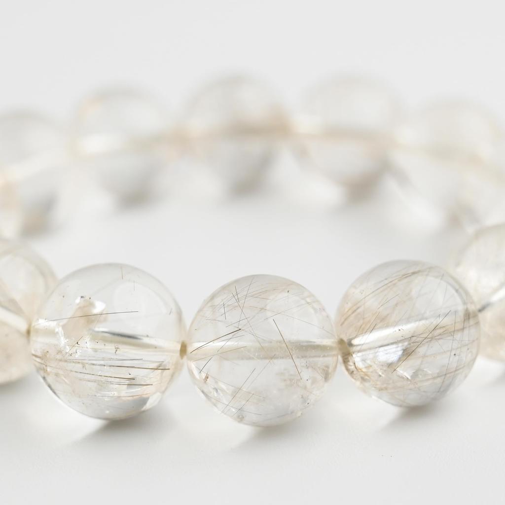 Eigado Silver Rutilated Quartz 16mm 18cm Wrist Limited Natural Power Prayer Good Luck Feng Shui Bracelet, Stone, Circumference, One-of-a-Kind,