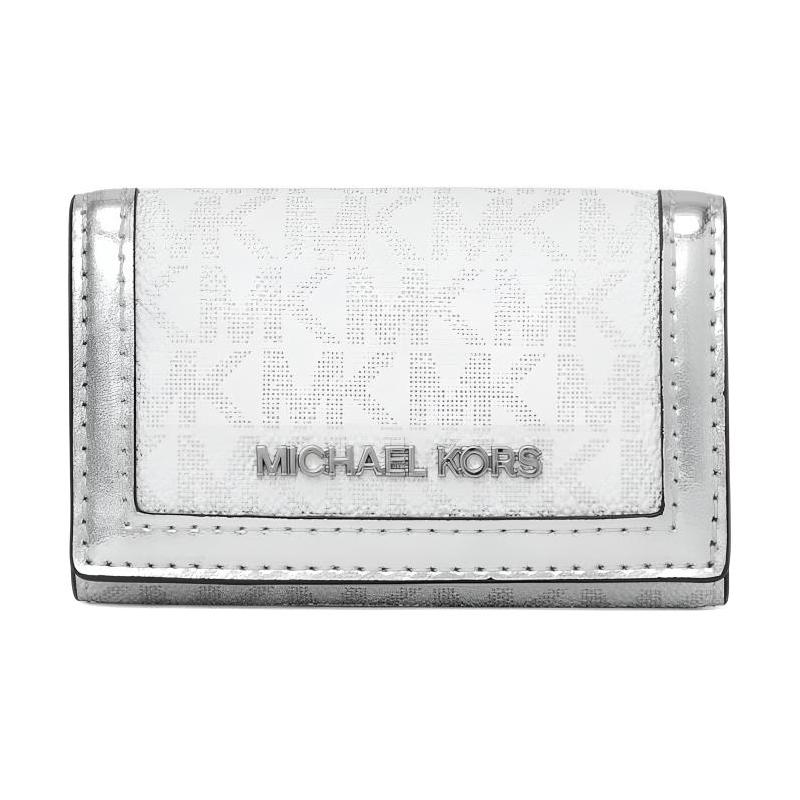 Michael Kors Jet Set Travel Logo Classic Tri-Fold Coated Canvas Key Case Small Women's Optical White with Silver