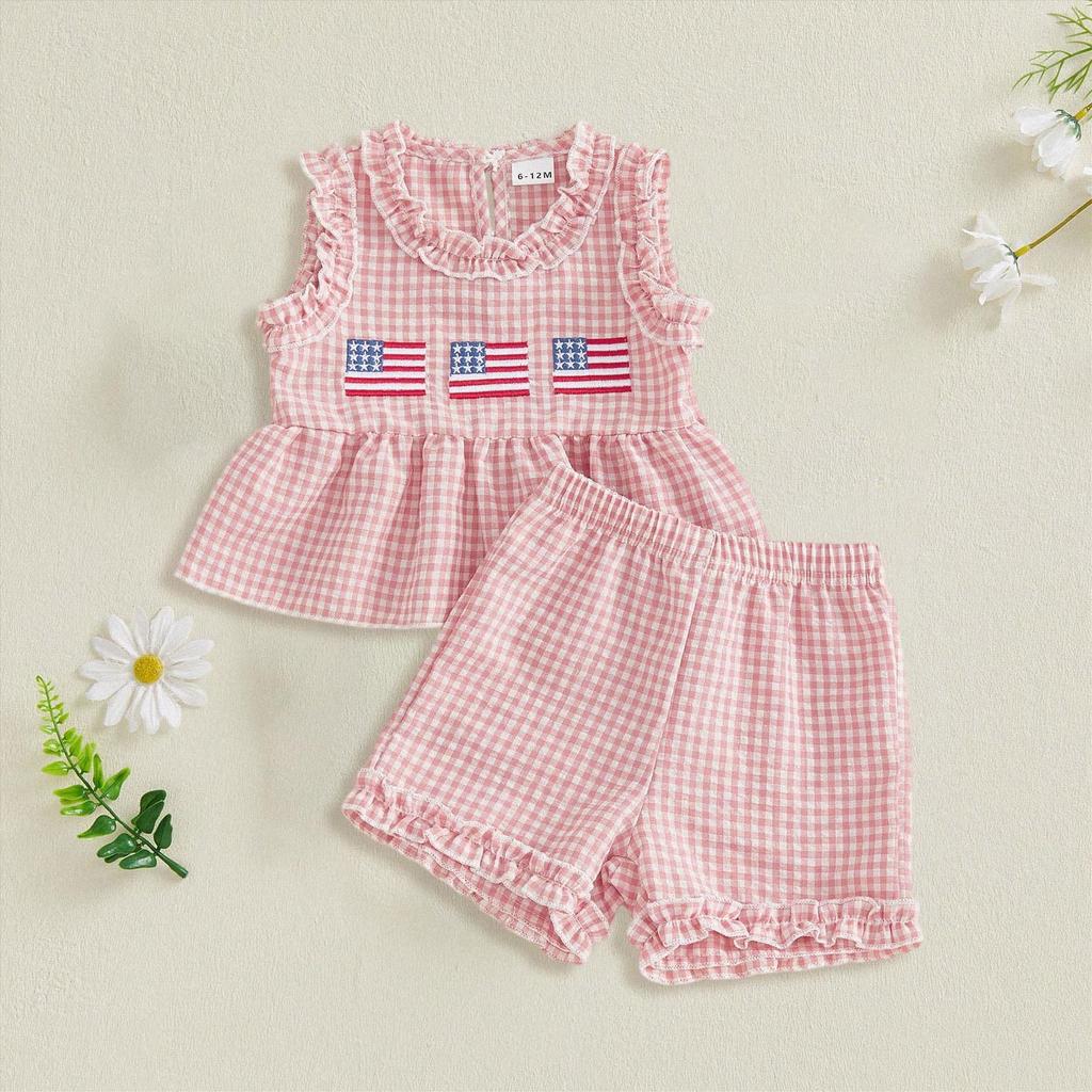 Toddler Girls Sleeveless Top and Shorts Set Gingham Pattern Embroidered Flag Detail Summer Outfit Lightweight Breathable Fabric