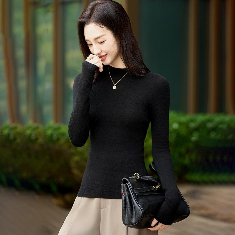 Autumn Women's Half High Neck Knitted Wool Sweater - Slim Fit, Long Sleeve, Plus Size, Elegant Top