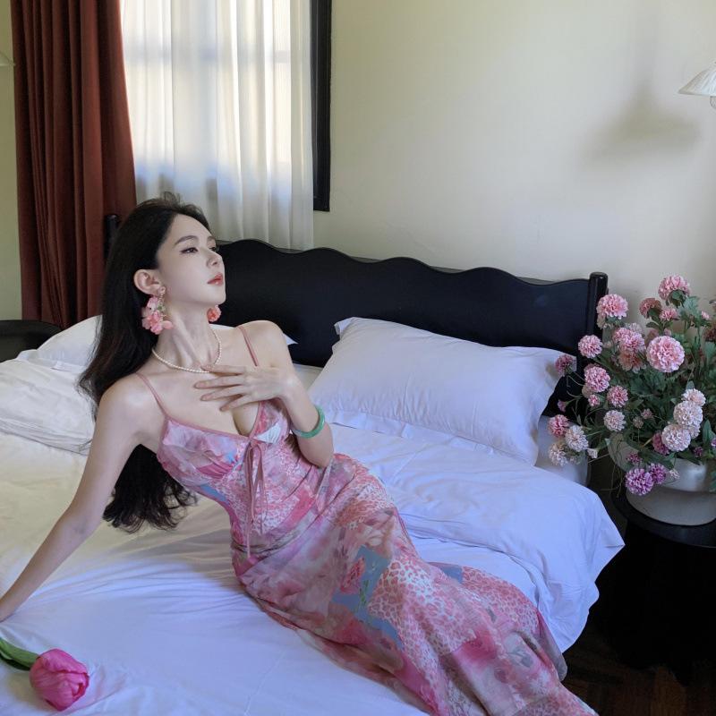 Летнее Французское Сладкое Платье с Принтом Пляжный Отпуск Талия Стройное Платье Одежда для Путешествий по Дали Пляжное Платье L