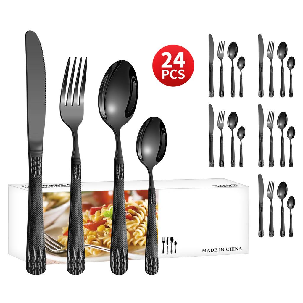 Stainless Steel Embossed Handle Western Food Hotel Tableware Knife, Fork and Spoon Dessert Spoon 24 Pieces Suit