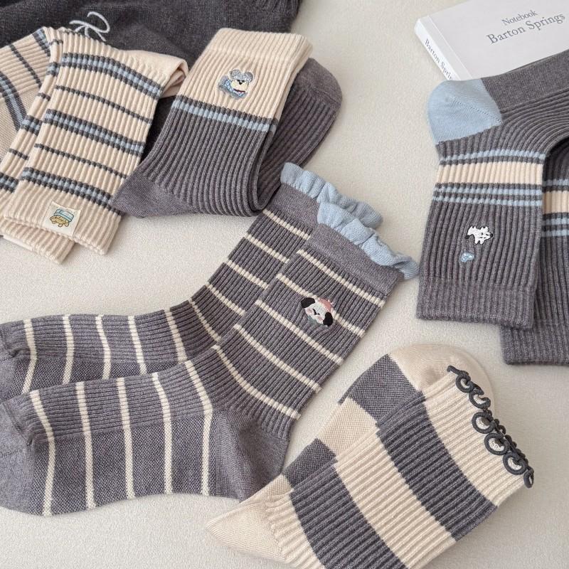Grey Striped Socks Medium Tube Socks Cute Embroidered Puppy Cloth Label Curled Edge Socks Trend Socks