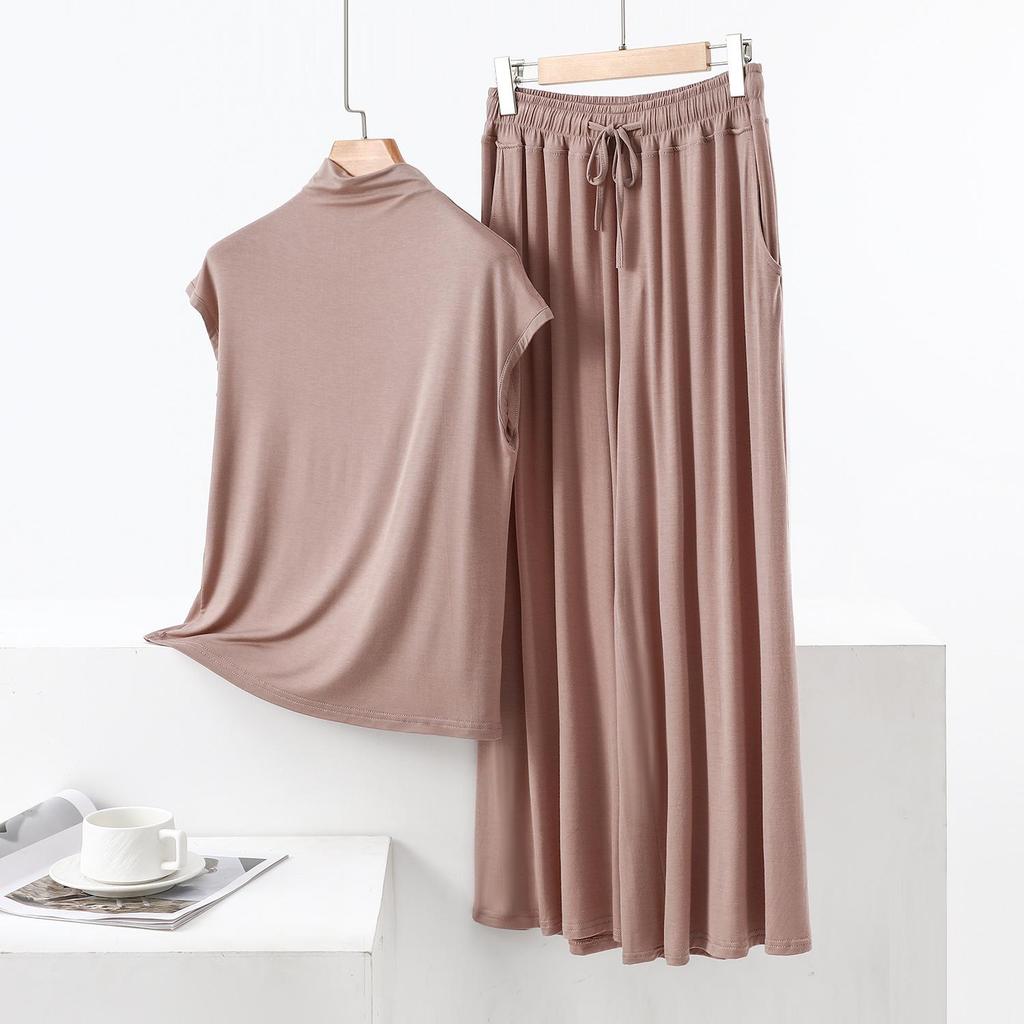 Summer High-Neck Sleeveless Top & Color Block Wide-Leg Pants Two-Piece Set