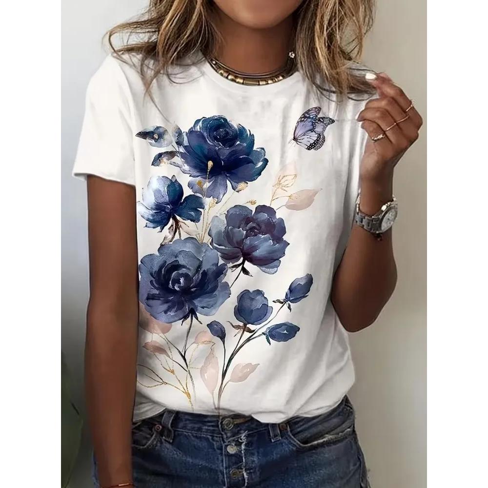 Daily Versatile Flower Women's Printed Crew Neck Top Short Sleeve Casual T-Shirts Women’s