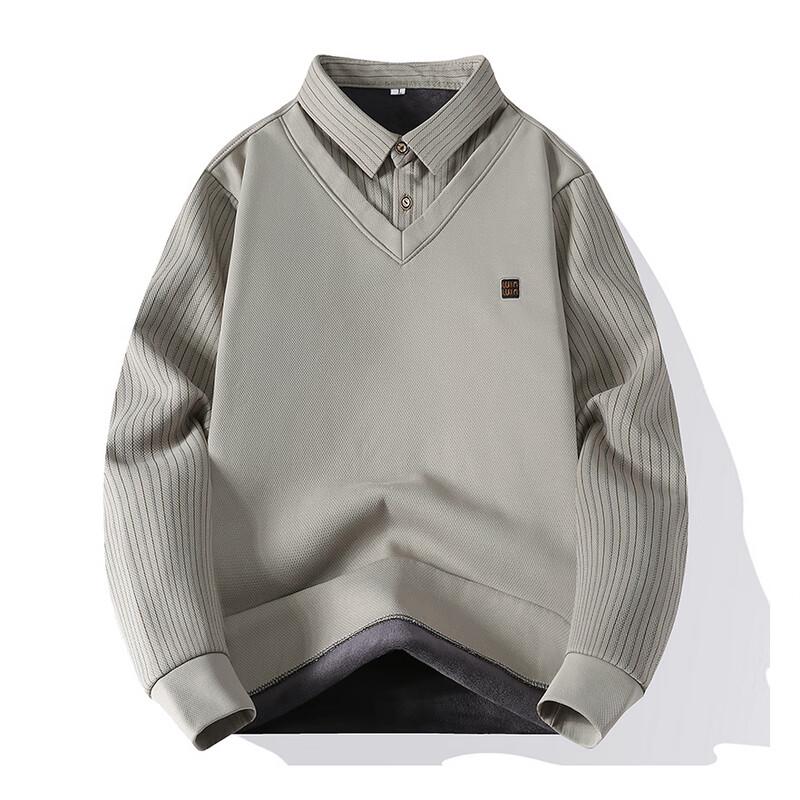 Men's Winter Striped Mock Shirt Collar Fleece Sweater