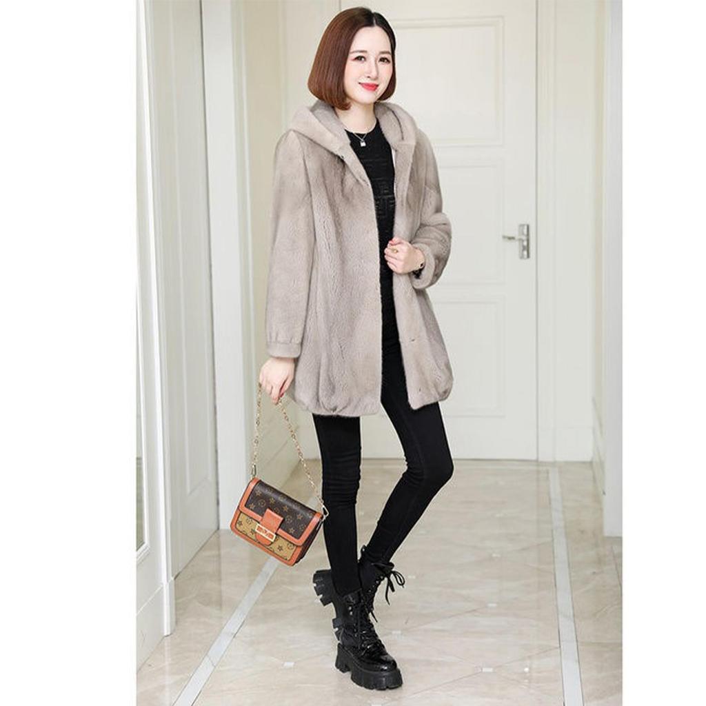 Hooded mid-length imitation mink fleece coat