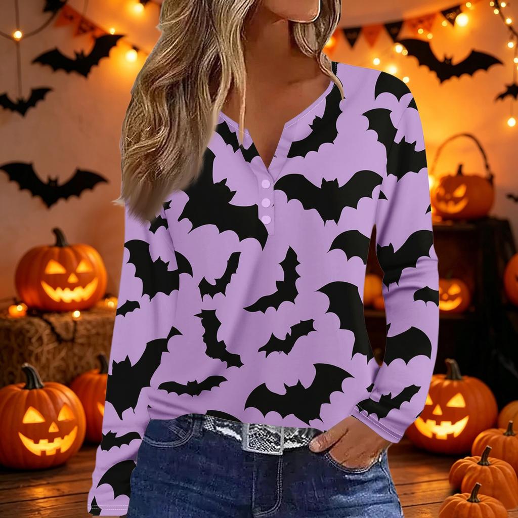 Women's Long Sleeve V Neck T Shirt Halloween Print Button Detail Casual Top Lightweight Soft Fabric Comfortable Fit