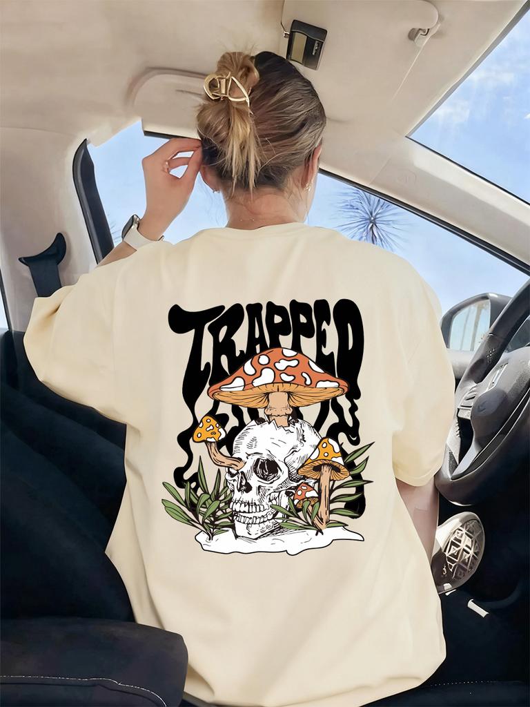 Mushrooms Grown Inside The Skull Printing TShirt Womens Basics Comfortable T Shirts Soft ONeck Tops Summer Loose Woman Clothes
