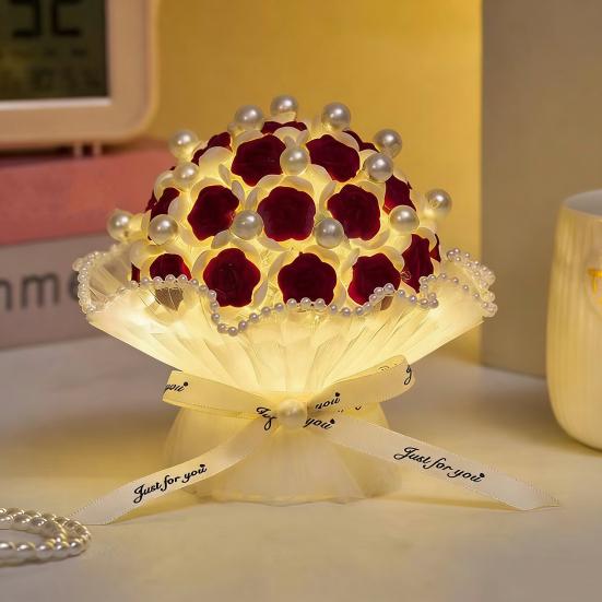 DIY Flocking Rose Night Light Kit Handmade Faux Pearl Flower Bouquet Decorative Lamp Home Office Bedroom Ornament Valentine's Day Gift