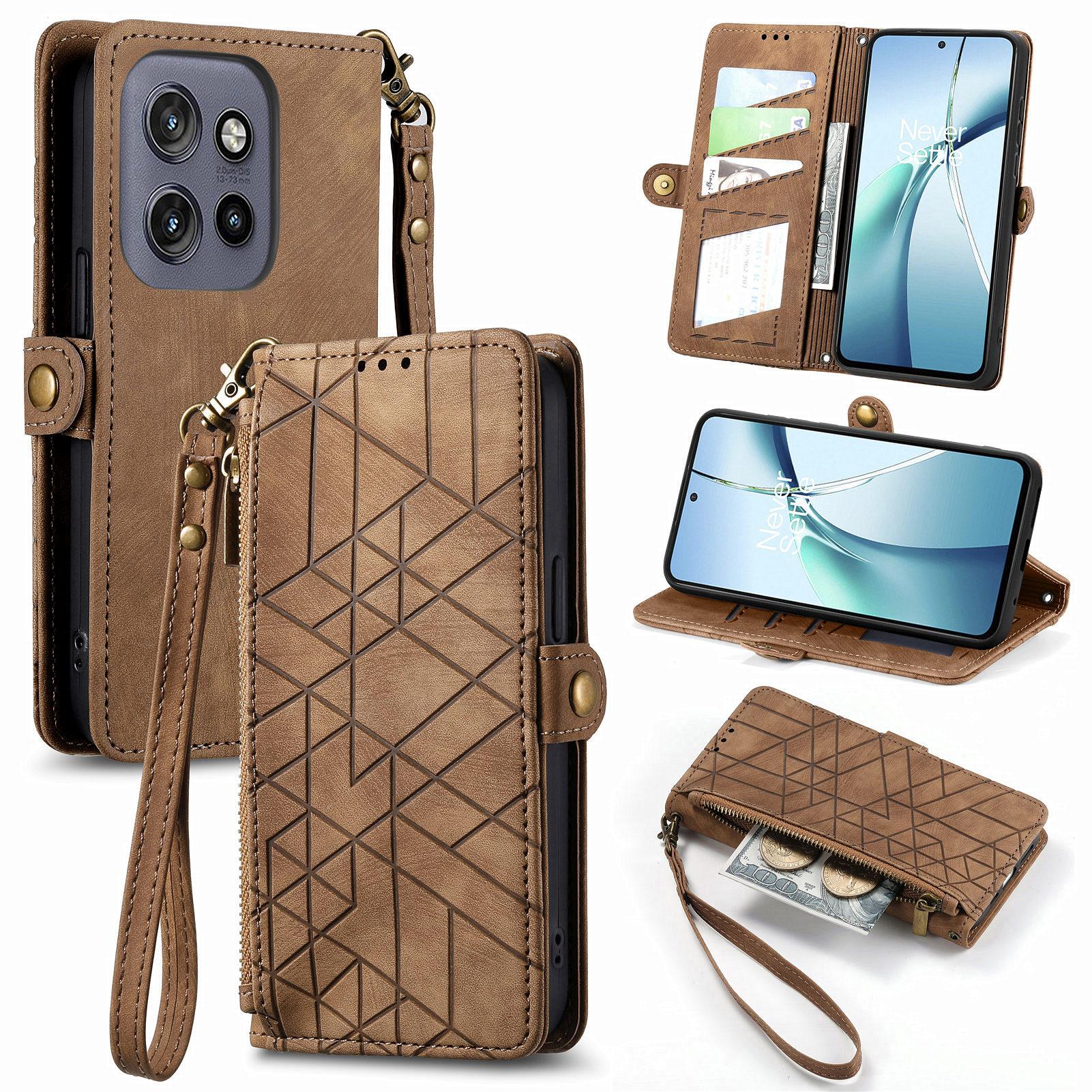 

For Motorola Edge 50 Neo 5G/Moto S50 5G/Thinkphone 25 5G Zipper Wallet Case Geometry Lines Leather Phone Cover with Strap Brown