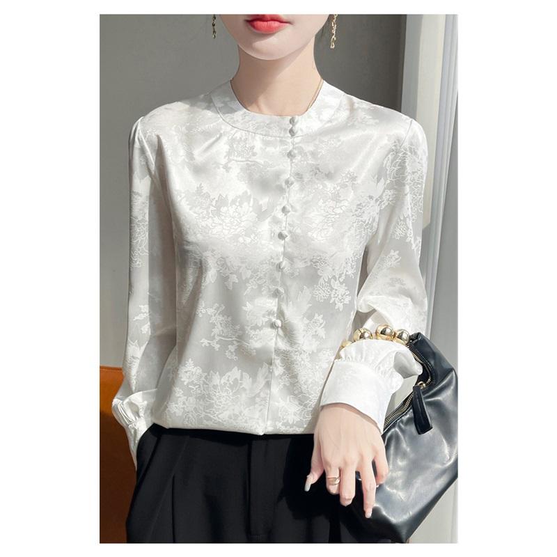 Cămașă din Mătase Jacquard Satin Chinezesc Pentru Femei Primăvară Vară Nouă Top Bluză Elegantă și Confortabilă cu Mânecă Lungă și Gât Rotund