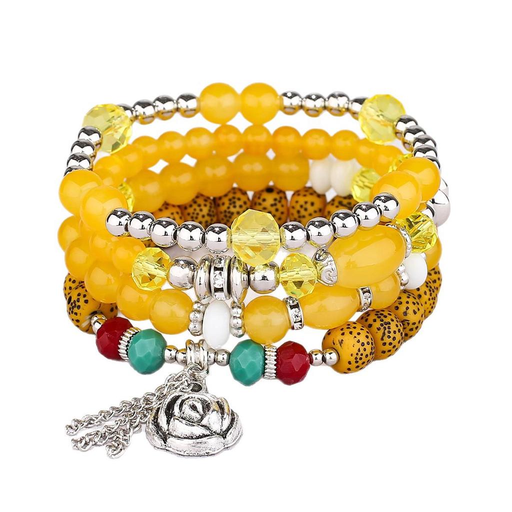 Bohemian Ethnic Layered Beaded Bracelet with Rose Flower Pendant